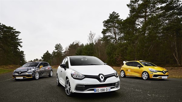 Three different color variants of Renault CLIO R.S. on road